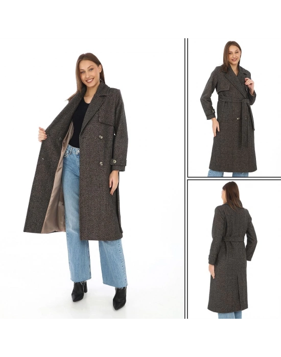 Balık Sırtı Kaşmir Uzun Kaşe Kaban - Kahverengi -