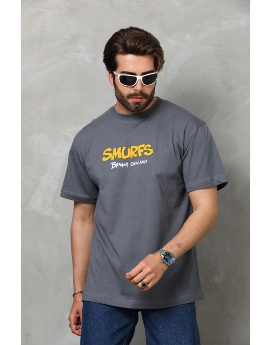 Basic Bisiklet Yaka Oversize T-Shirt - Füme -