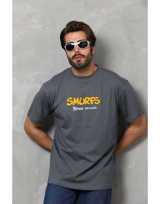 Basic Bisiklet Yaka Oversize T-Shirt - Füme -