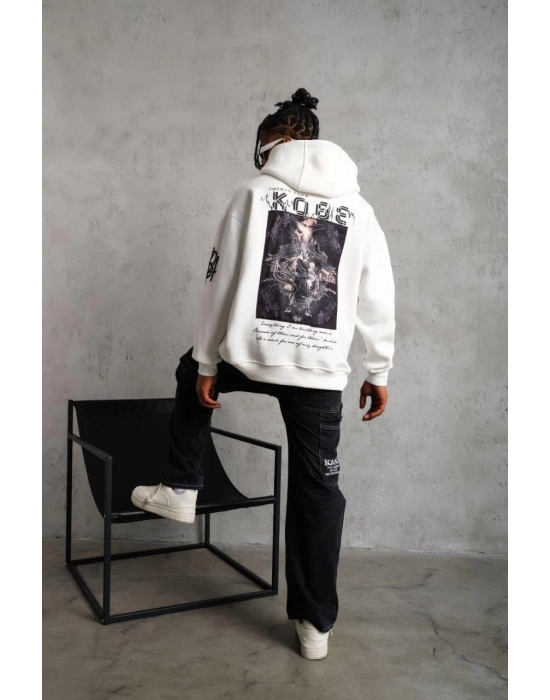 Baskılı Kapüşonlu Sweat - Beyaz -