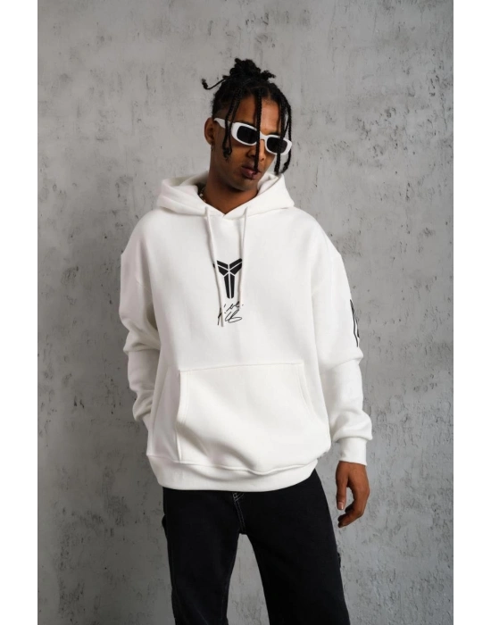 Baskılı Kapüşonlu Sweat - Beyaz -