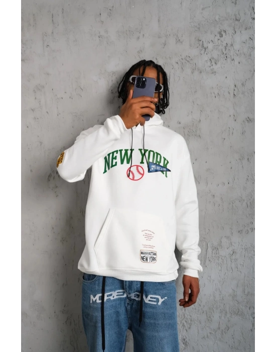 Baskılı Kapüşonlu Sweatshirt - Beyaz -