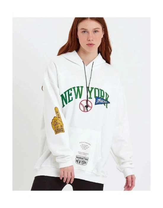 Baskılı Kapüşonlu Sweatshirt - Beyaz -