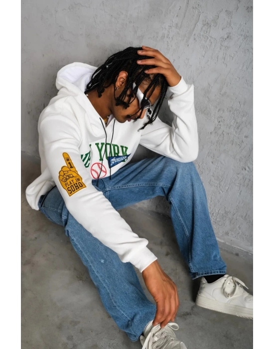 Baskılı Kapüşonlu Sweatshirt - Beyaz -