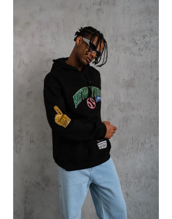 Baskılı Kapüşonlu Sweatshirt - Siyah -