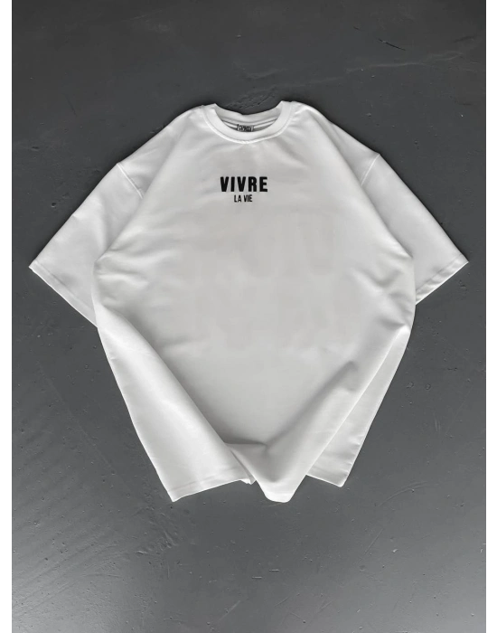 Baskılı Oversize Bisiklet Yaka T-shirt - Beyaz -