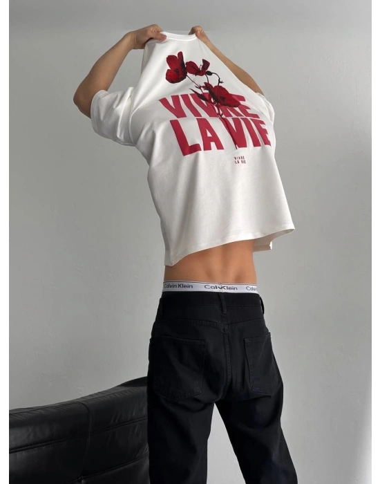 Baskılı Oversize Bisiklet Yaka T-shirt - Beyaz -