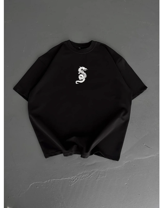 Baskılı Oversize Bisiklet Yaka T-shirt - Siyah -