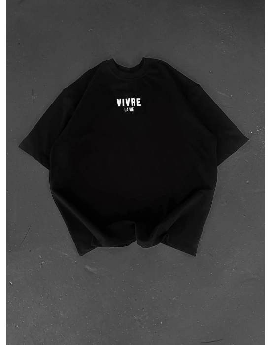 Baskılı Oversize Bisiklet Yaka T-shirt - Siyah -