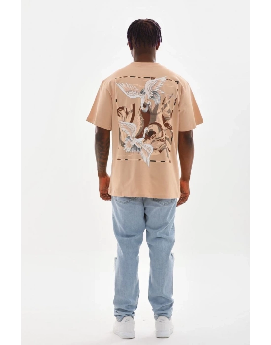 Baskılı Oversize T-Shirt - Bej -