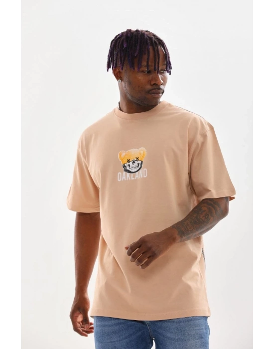 Baskılı Oversize T-Shirt - Bej -