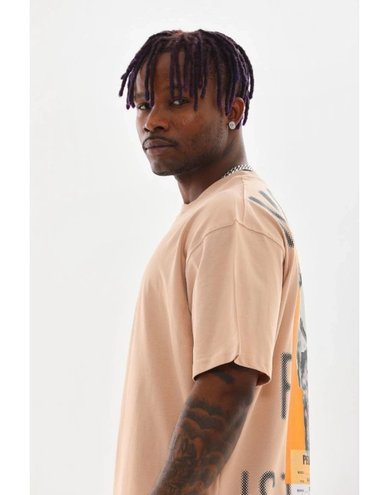 Baskılı Oversize T-Shirt - Bej -