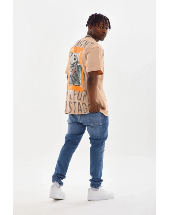 Baskılı Oversize T-Shirt - Bej -