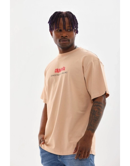 Baskılı Oversize T-Shirt - Bej -