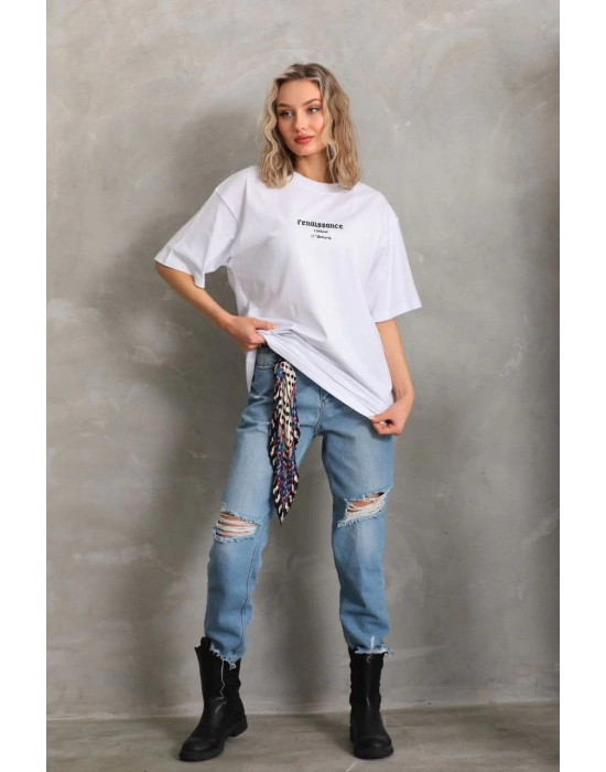 Baskılı Oversize T-Shirt - Beyaz -