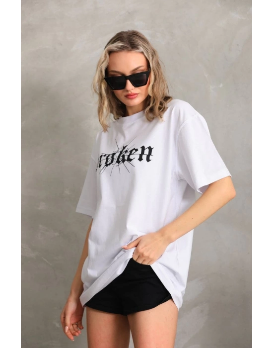 Baskılı Oversize T-Shirt - Beyaz -