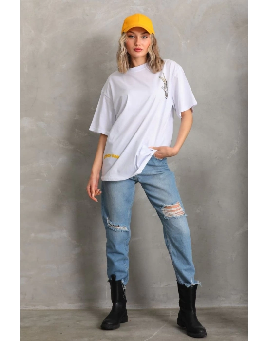 Baskılı Oversize T-Shirt - Beyaz -