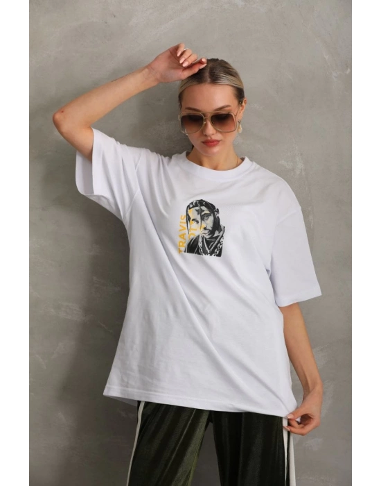 Baskılı Oversize T-Shirt - Beyaz -