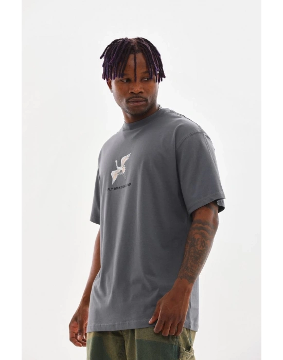 Baskılı Oversize T-Shirt - Füme -