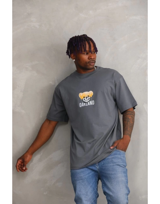 Baskılı Oversize T-Shirt - Füme -