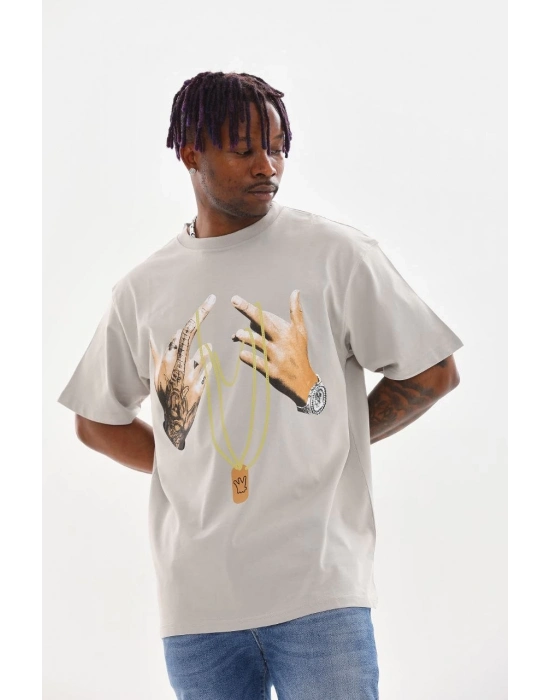 Baskılı Oversize T-Shirt - Gri -