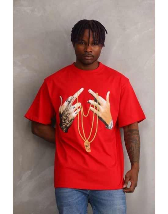 Baskılı Oversize T-Shirt - Kırmızı -