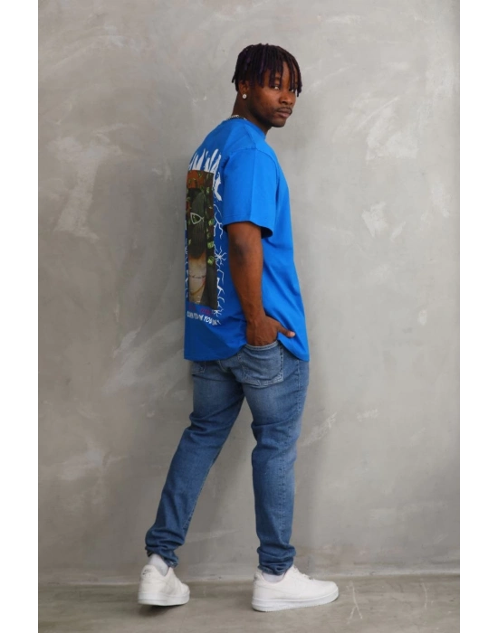 Baskılı Oversize T-Shirt - Mavi -