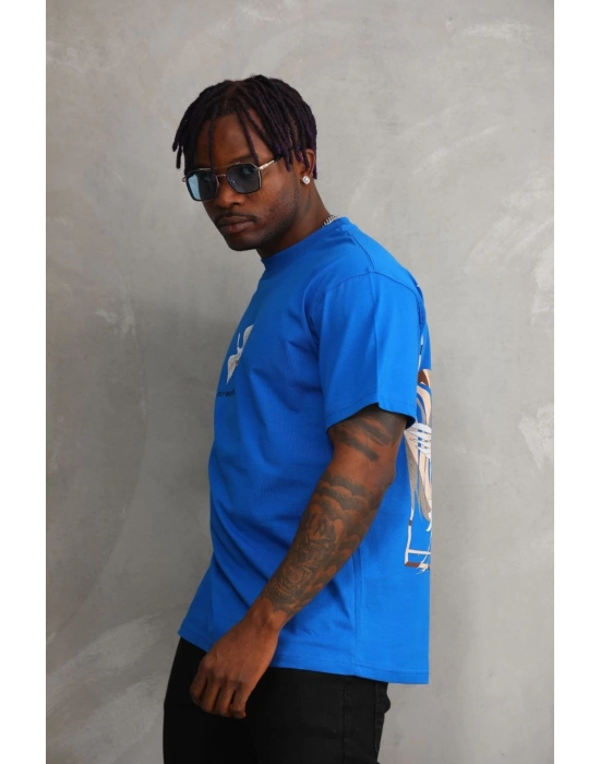 Baskılı Oversize T-Shirt - Mavi -