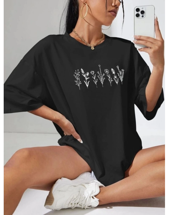 Baskılı Oversize T-shirt - Siyah -