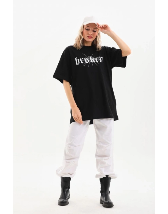Baskılı Oversize T-Shirt - Siyah -