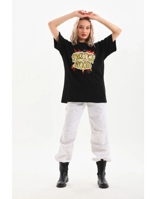 Baskılı Oversize T-Shirt - Siyah -