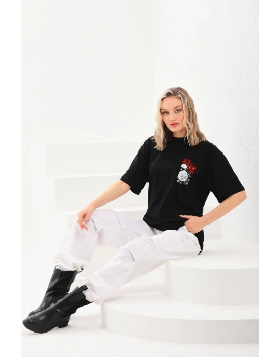 Baskılı Oversize T-Shirt - Siyah -