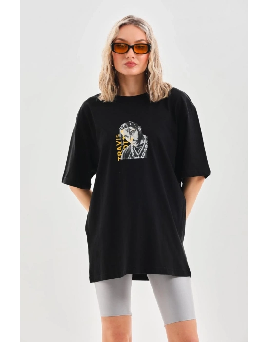 Baskılı Oversize T-Shirt - Siyah -