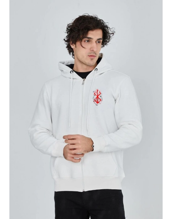 Baskılı Tam Fermuarlı Kapşonlu SweatShirt - Beyaz -