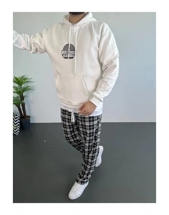 Baskılı Üç İplik Kapüşonlu Oversize Sweatshirt - Beyaz -