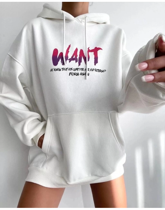 Baskılı Üç İplik Kapüşonlu Oversize Sweatshirt - Beyaz -