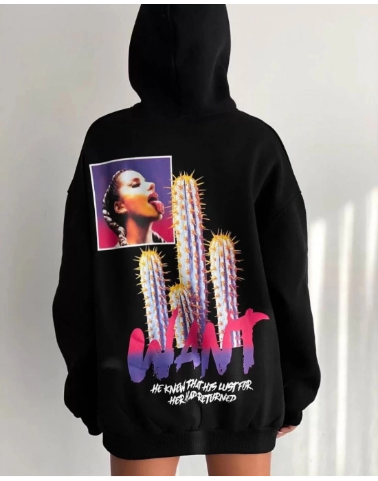 Baskılı Üç İplik Kapüşonlu Oversize Sweatshirt - Siyah -