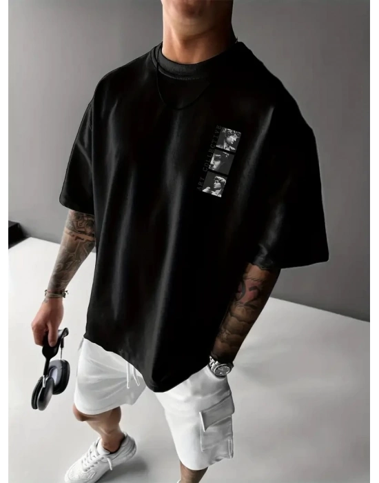 Benzersiz Sırt Baskılı   Sokak Stili Bol Tişört -Siyah -