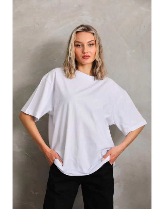Bisiklet Yaka 20/1 Düz Oversize T-Shirt - Beyaz -