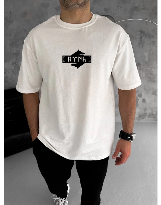 Bisiklet Yaka Baskılı Double Oversize T-Shirt - Beyaz -