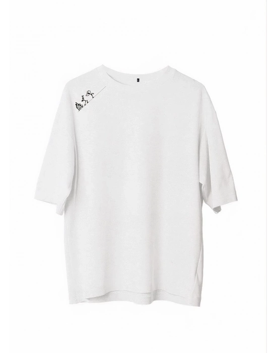 Bisiklet Yaka Baskılı Oversize T-Shirt - Beyaz -