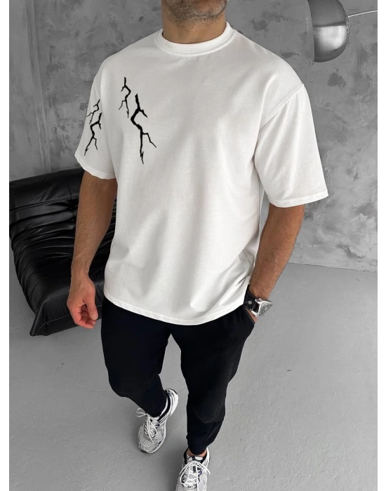 Bisiklet Yaka Baskılı Oversize T-Shirt - Beyaz -