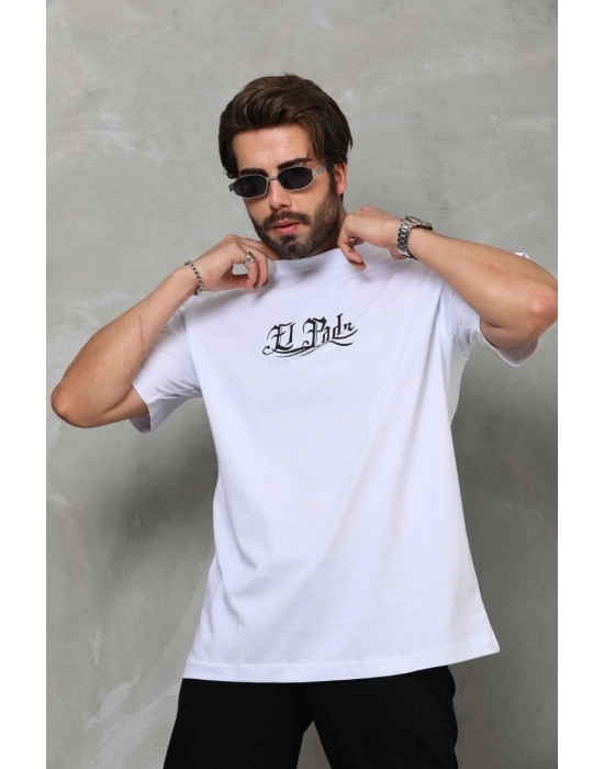 Bisiklet Yaka Baskılı Oversize T-Shirt - Beyaz -