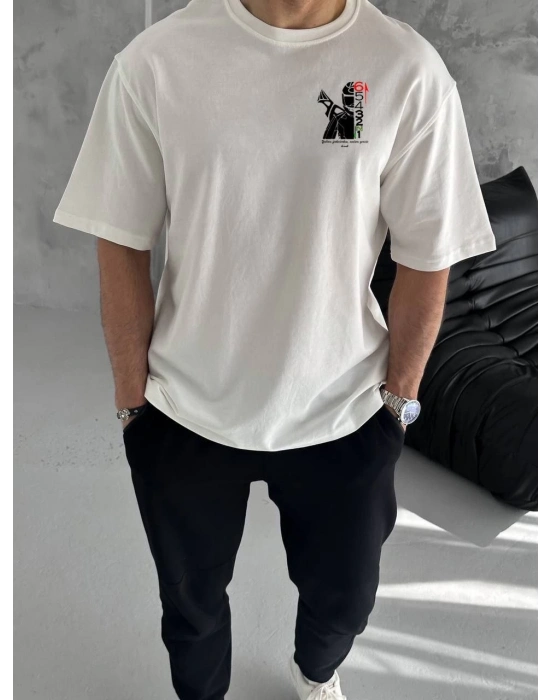 Bisiklet Yaka Baskılı Oversize T-Shirt - Beyaz -