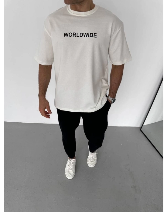 Bisiklet Yaka Baskılı Oversize T-Shirt - Beyaz -