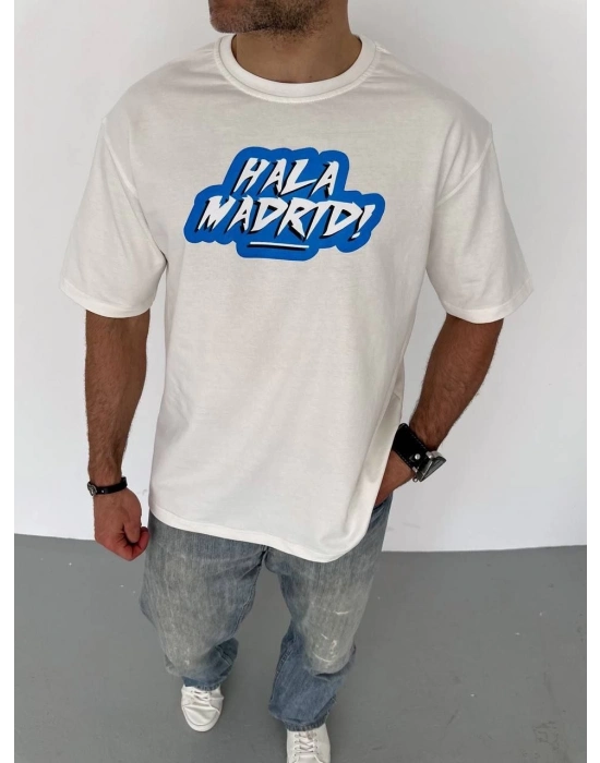 Bisiklet Yaka Baskılı Oversize T-Shirt - Beyaz -