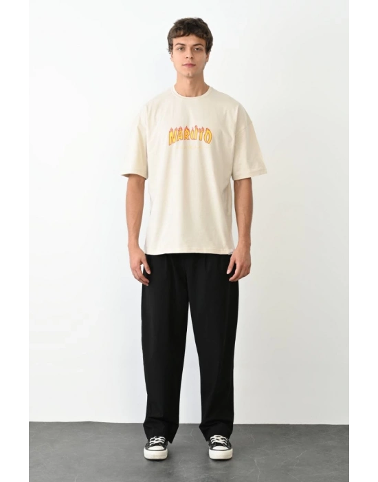 Bisiklet Yaka Baskılı Oversize T-Shirt - Beyaz -