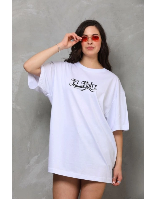 Bisiklet Yaka Baskılı Oversize T-Shirt - Beyaz -