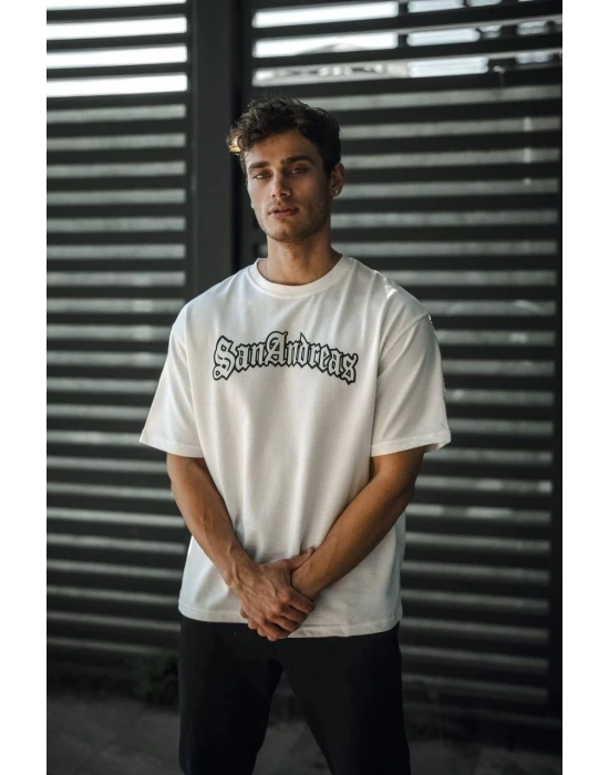 Bisiklet Yaka Baskılı Oversize T-Shirt - Beyaz -