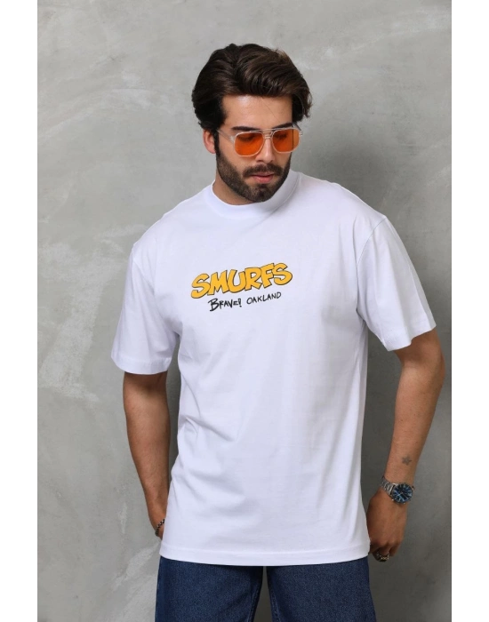 Bisiklet Yaka Baskılı Oversize T-Shirt - Beyaz -